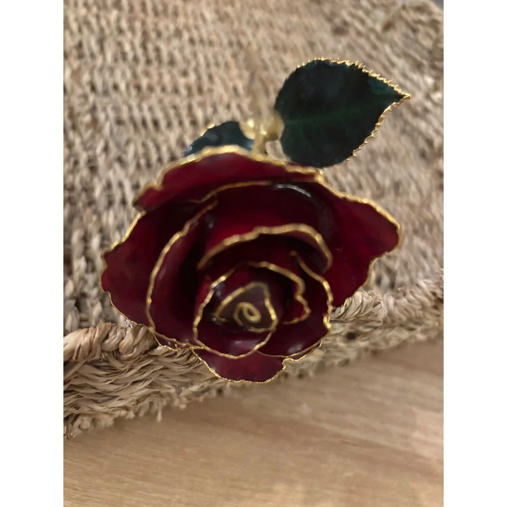 24k Gold Dipped Real Rose Red Lacquer Preserved Long Stem Gold Trim Ornament